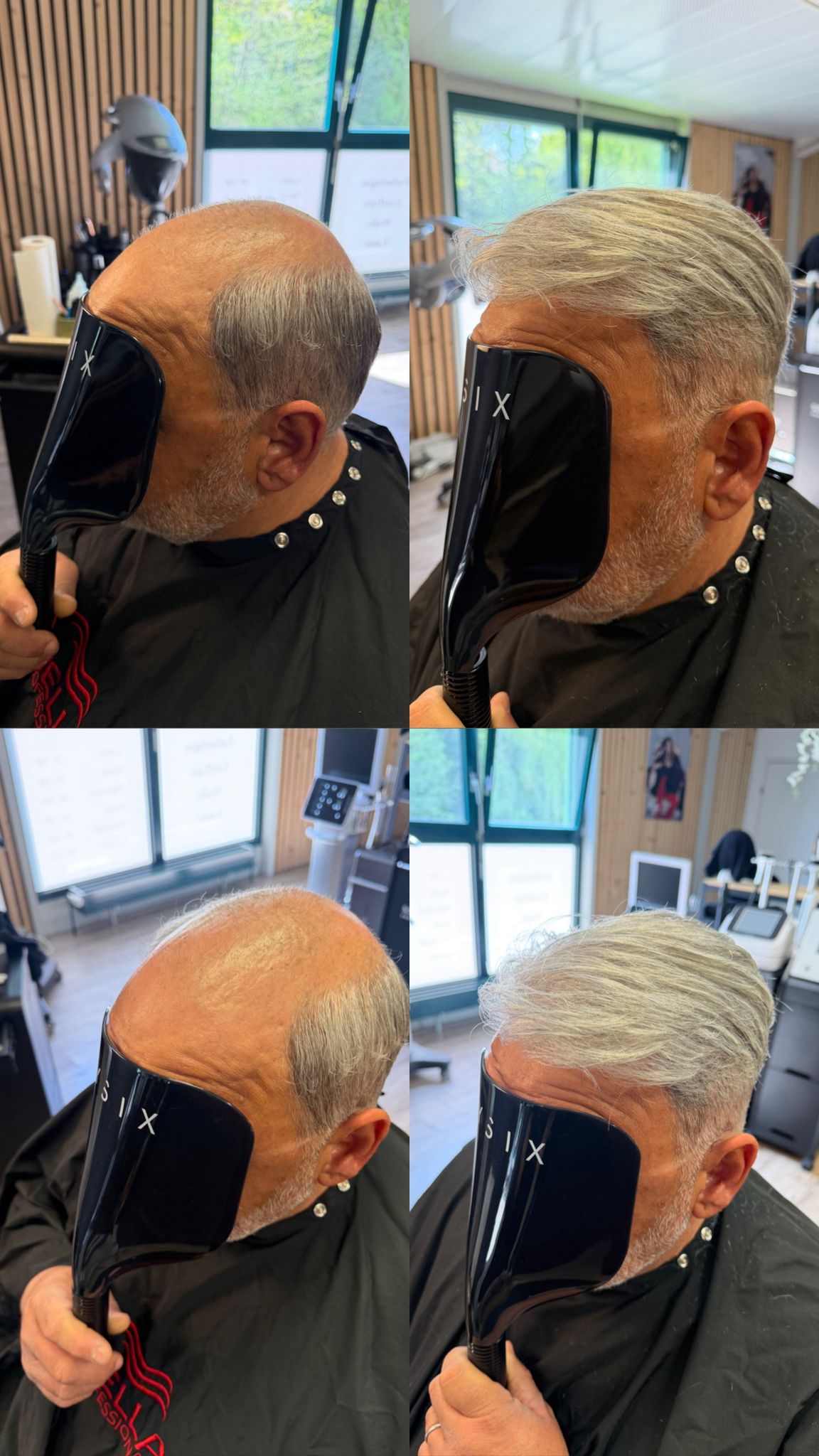 Complément capillaire BySix — avant/après : chevelure poivre et sel restaurée par Shana au Beauty Studio Lutry